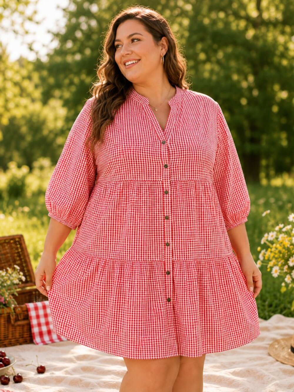 Cottagecore Red Gingham Tiered Babydoll Shirt Dress Picnic Summer Plus XXL